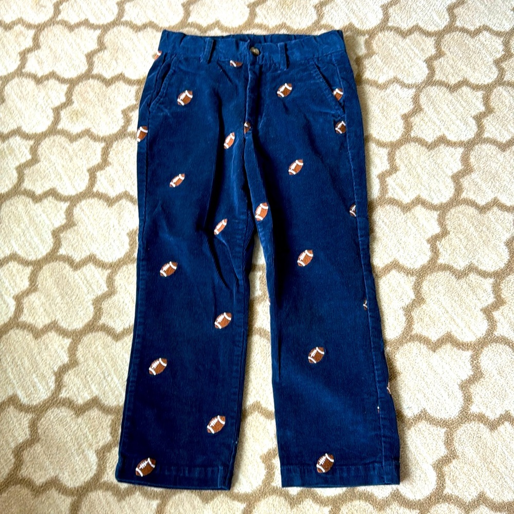Navy corduroys with embroidered footballs